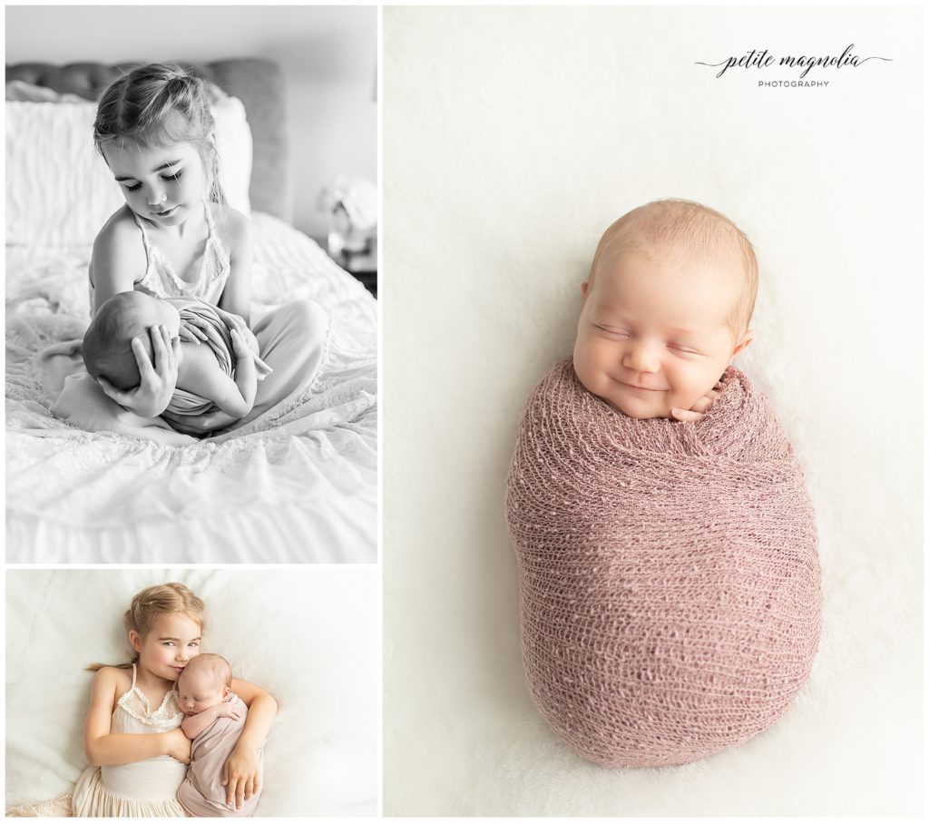 Newborn Session Details | Newborn Photography Pittsburgh sister and newborn baby on bed