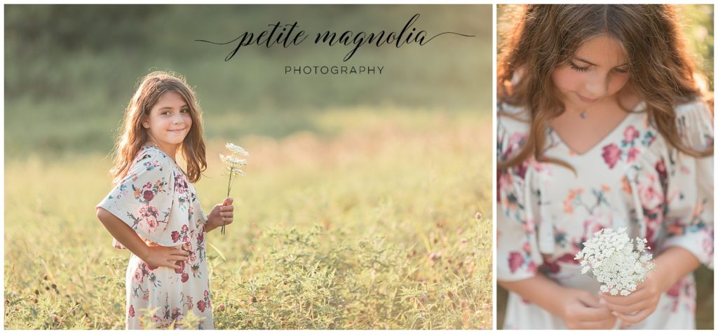 young girl in floral dress in field at sunset , petite magnolia photography