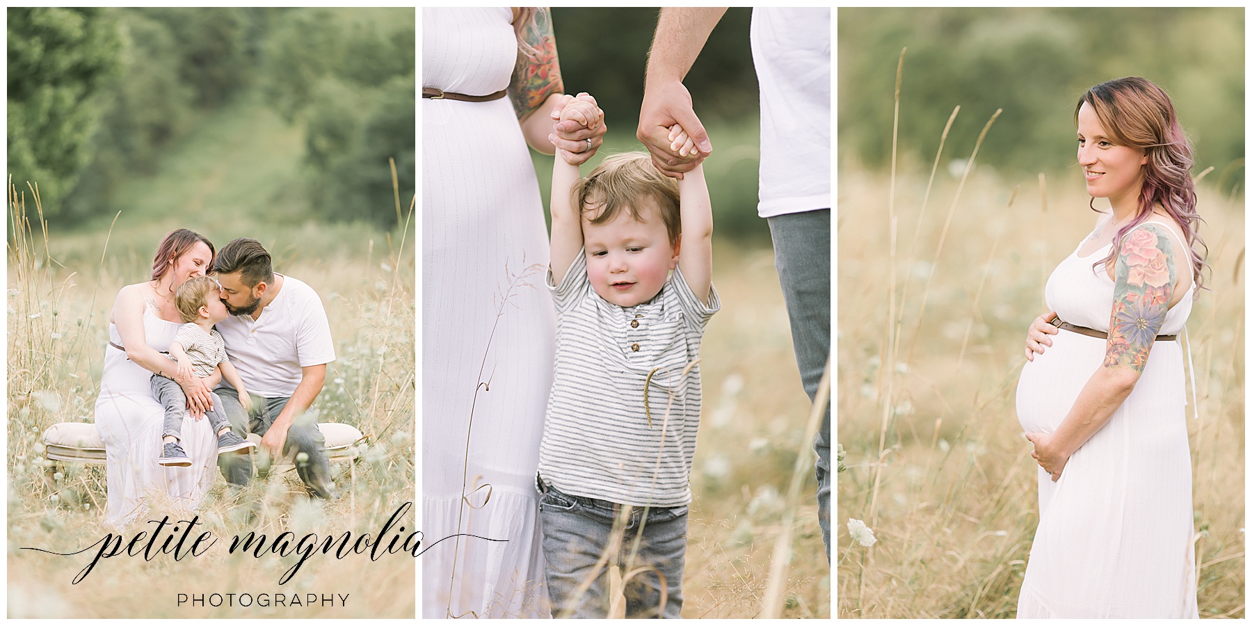 pttsburgh maternity photography styled family in field at sunset holding hands