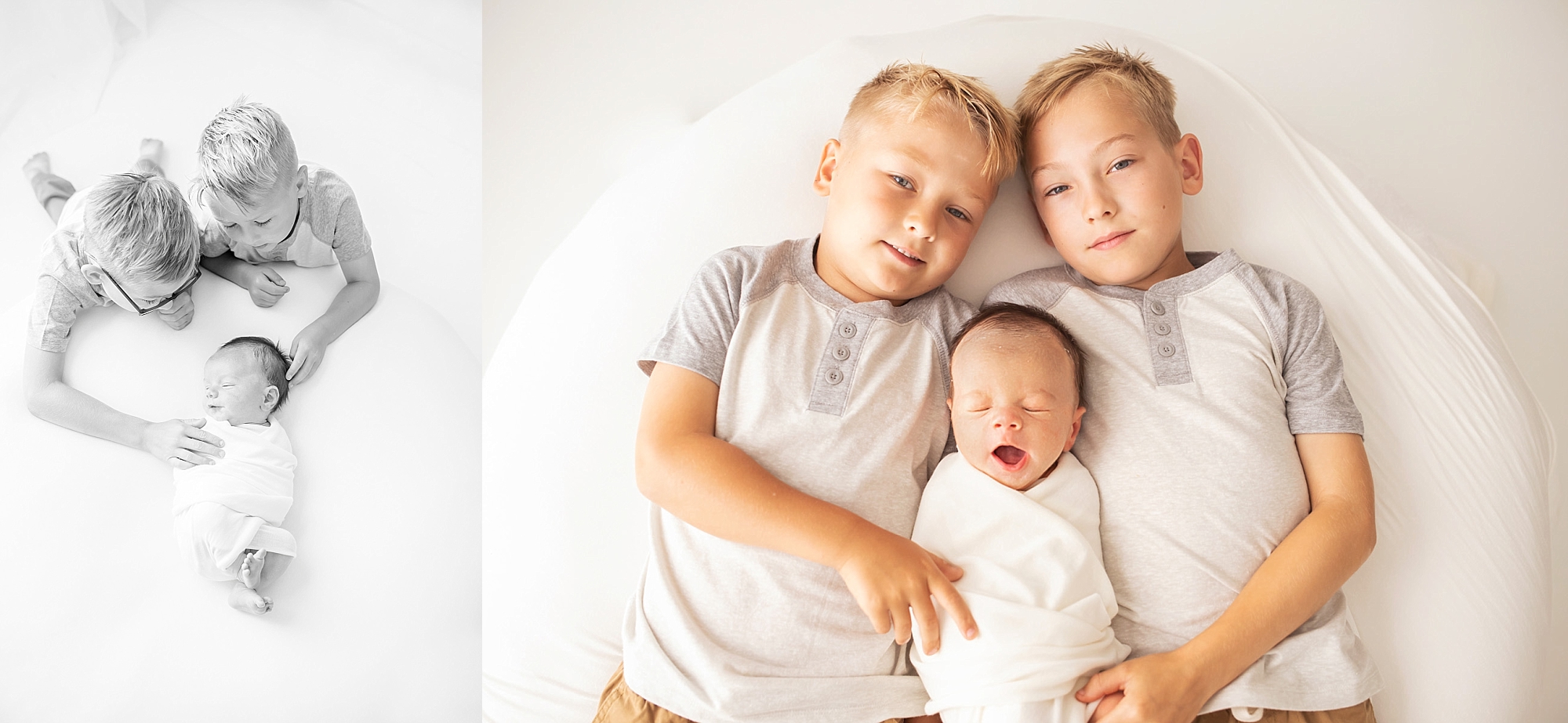 posing siblings with newborn on bean bag