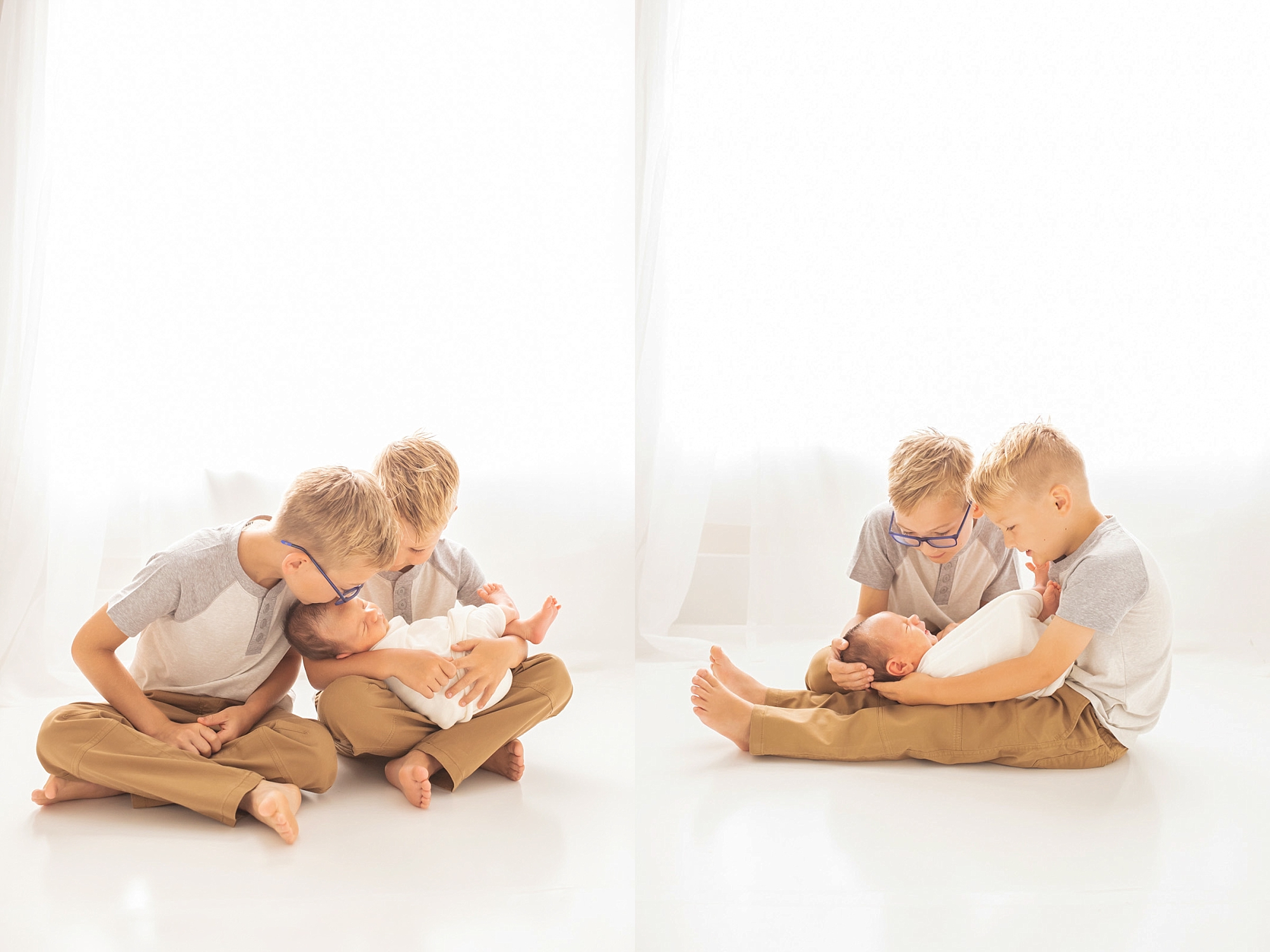 Posing ideas with older brothers during newborn photoshoot in Pittsburgh photography studio