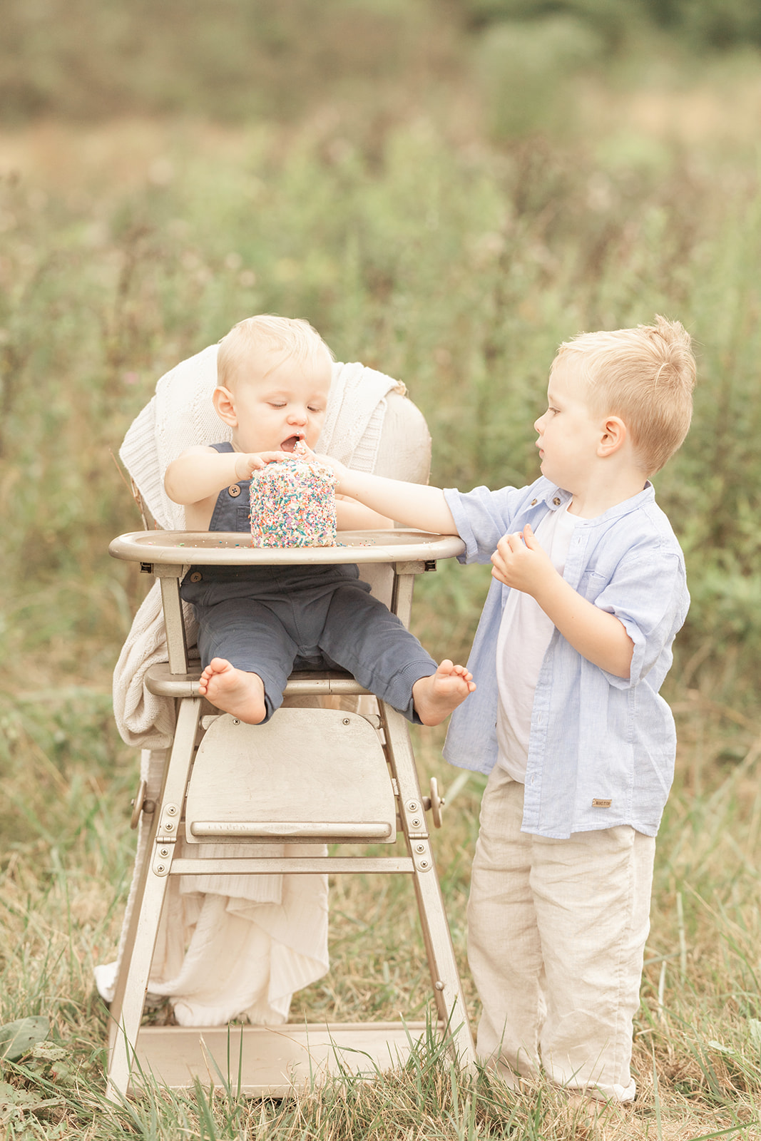 A toddler boy helps his baby brother eat some cake in a gold high chair in a park for some Milestone Photography Pittsburgh