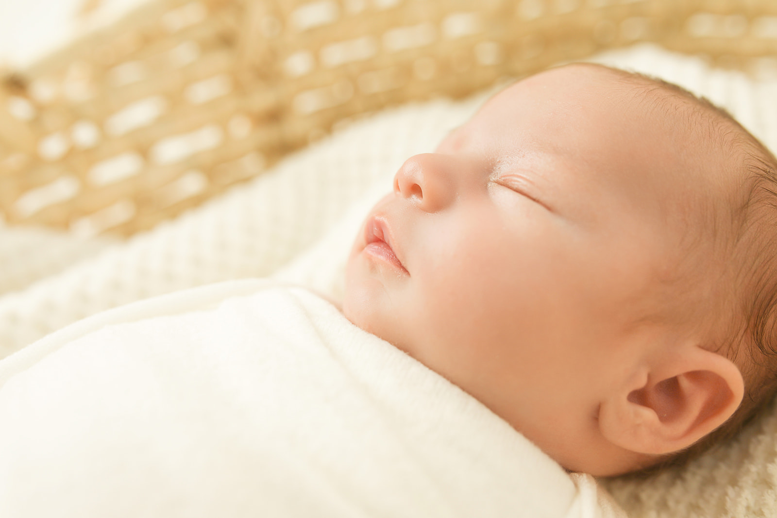 A newborn baby sleeps in a woven basket in a white swaddle taken by a Pittsburgh Photographer