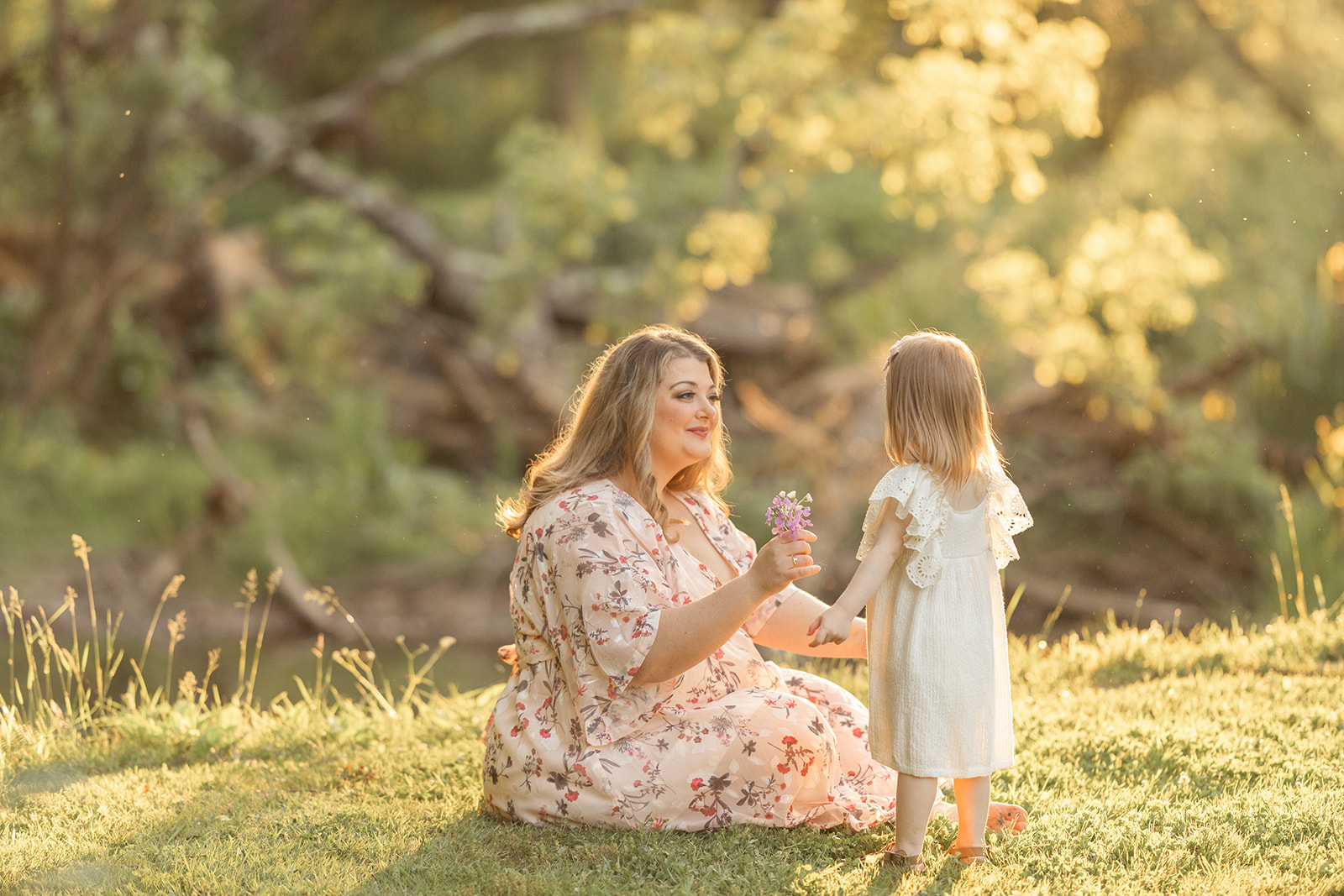 A mother shares some purple flowers with her toddler daughter in a white dress while sitting in a park lawn at sunset