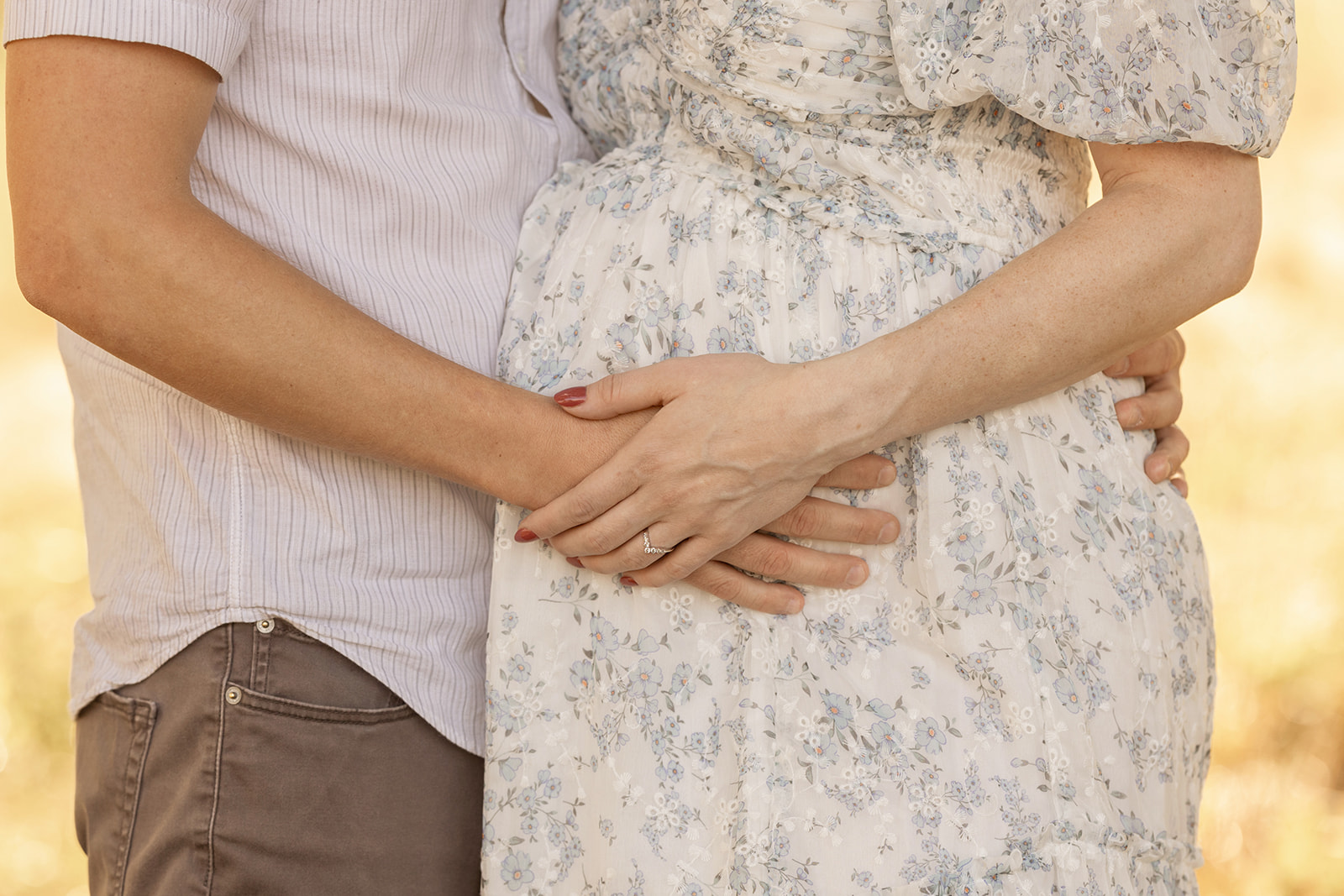 Details of expecting parents holding hands on the bump in a park at sunset